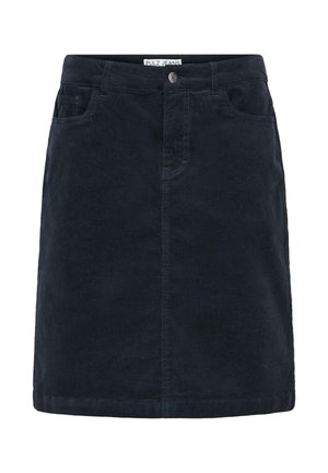 Fustă din corduroy albastru închis, cu croială dreaptă, buzunare frontale, închidere cu nasture și o textură subtilă. Fără ornamente, cu un tiv curat.