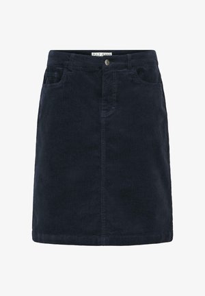 Dark blue corduroy skirt with a straight fit, front pockets, button closure, and a subtle texture. Clean hemline with no embellishments.