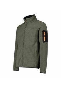 Grüne Fleecejacke mit durchgehendem Reißverschluss, hohem Kragen, seitlichen Taschen und einer schwarzen Armtasche mit orangefarbenem Reißverschluss. Strukturiertes Fabric.