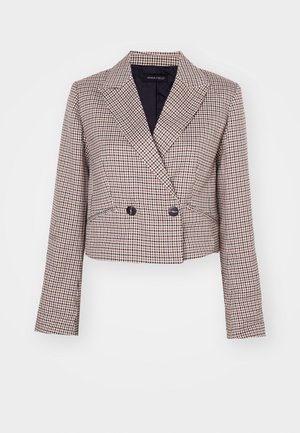 Cropped blazer in a check pattern with a blend of red, white, and navy colors. Features a shawl collar, double-breasted buttons, and long sleeves.