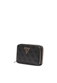 Portafoglio Guess nero con esterno a motivo, chiusura con zip e accessori in oro con logo. Materiale sintetico testurizzato.