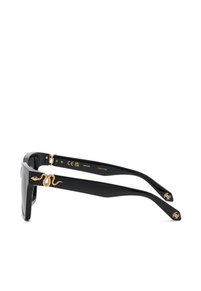 Lunettes de soleil rectangulaires noires avec un détail serpent doré sur les branches et de petits motifs dorés aux extrémités des branches.