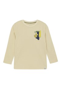 Langärmliges, hellgelbes Baumwoll-T-Shirt mit mehrfarbigem Grafikdruck auf der Brust und einem gestreiften Halsabschluß.