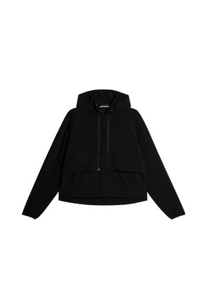 Veste noire à capuche avec fermeture éclair à l'avant, deux poches avant et coupe ample. Fabriquée dans un tissu lisse et extensible. Manches longues avec poignets élastiques.