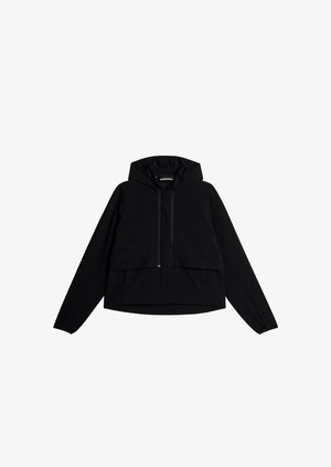 Zwarte hoodiejack met een rits aan de voorkant, twee voorzakken en een losse pasvorm. Gemaakt van een gladde, rekbare stof. Lange mouwen met elastische manchetten.