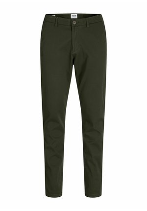 Pantalons pour hommes vert olive en toile de coton, avec une taille plate, des passants de ceinture, une fermeture à bouton et des jambes fuselées.
