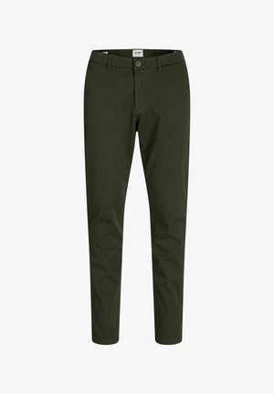 Pantalons pour hommes vert olive en toile de coton, avec une taille plate, des passants de ceinture, une fermeture à bouton et des jambes fuselées.