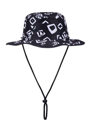 Black wide-brim bucket hat with white geometric shapes pattern and adjustable chin strap with toggle.