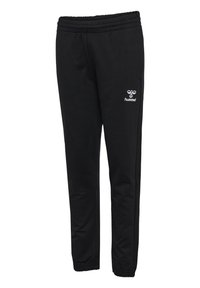 Schwarze Jogginghose mit elastischem Bund, aus weichem Stoff gefertigt, mit weißem Logo auf dem linken Oberschenkel und eng anliegenden Bündchen.