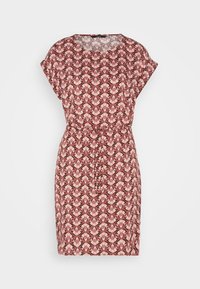 Short-sleeved dress in a burgundy floral pattern, featuring a cinched waist, relaxed fit, and lightweight fabric.