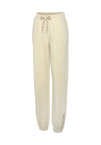 Lichtbeige joggerbroeken met een elastische tailleband en verstelbaar trekkoord. Voorzien van ribbels aan de onderkant van de broekspijpen en logodetails op het onderbeen.