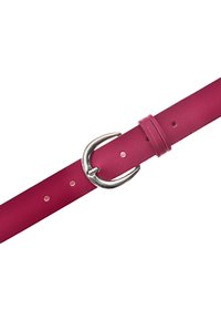 Rosa Ledergürtel mit einer silbernen Metallschnalle, ausgestattet mit markanten Kerben zur Anpassung und einer durchgehend glatten Textur.
