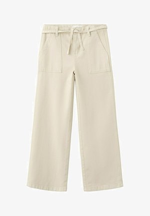 Béžové široké nohavice s prednými náprsnými vreckami a pásom s pútkami na opasok, ktorý sa zaväzuje vpredu na uzol.