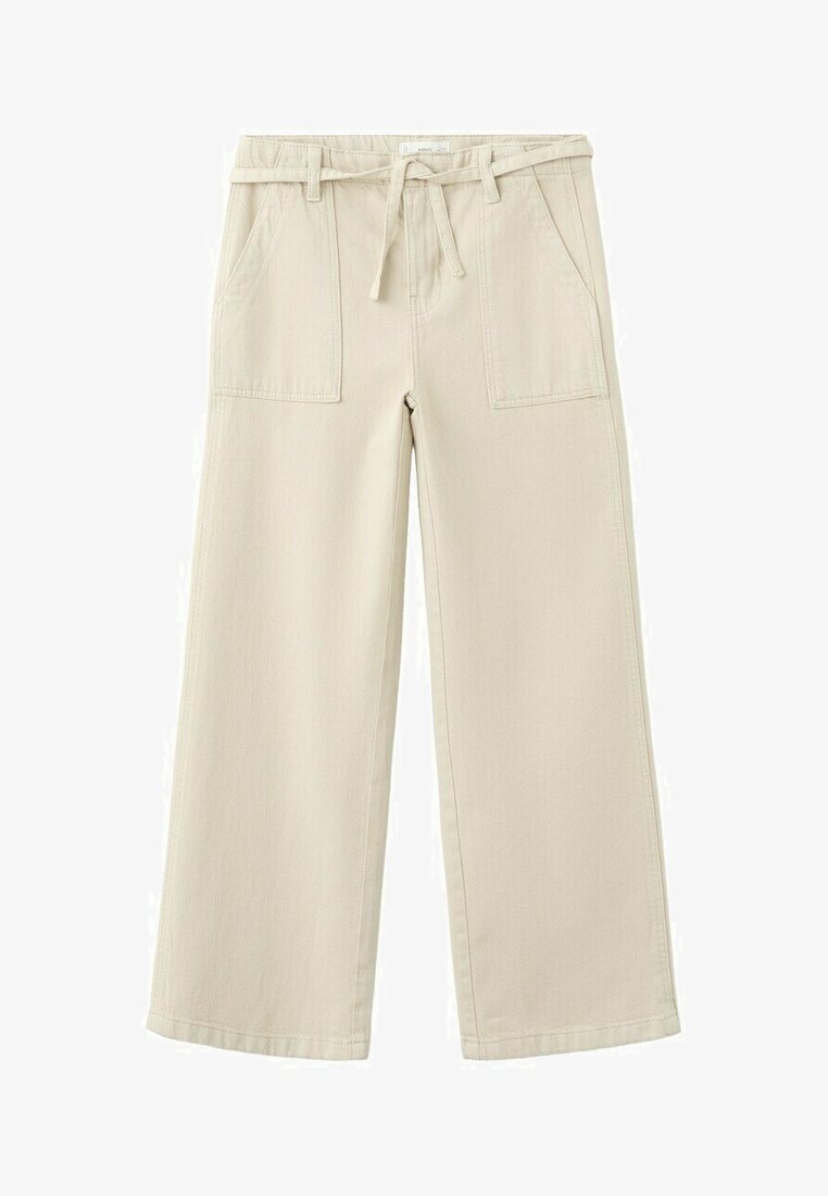 Béžové široké nohavice s prednými náprsnými vreckami a pásom s pútkami na opasok, ktorý sa zaväzuje vpredu na uzol.