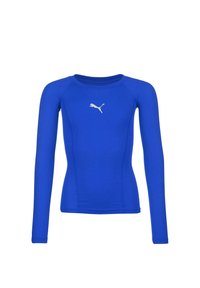 Langärmliges Sportshirt aus leuchtend blauem Stoff mit glatter Textur. Verfügt über ein kleines weißes Puma-Logo auf der Brust. Formanpassendes Design.