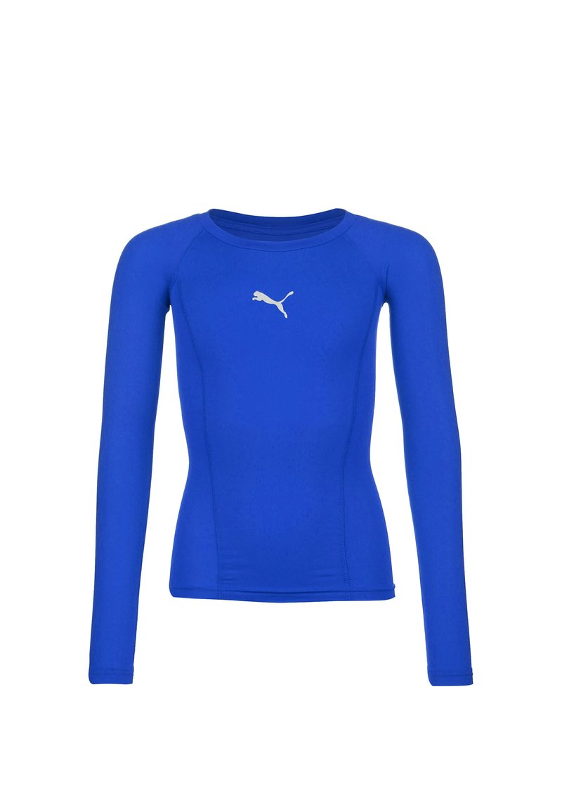 Langärmliges Sportshirt aus leuchtend blauem Stoff mit glatter Textur. Verfügt über ein kleines weißes Puma-Logo auf der Brust. Formanpassendes Design.