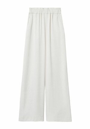 Pantalones de pierna ancha color marfil con cintura elástica y bolsillos laterales, hechos de tela ligera.