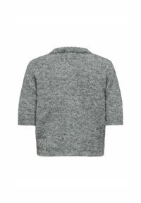 Myk grå kortermet strikket genser med rund hals, vist bakfra på hvit bakgrunn.