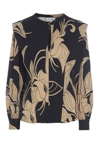 Långärmad blus med hög krage, i marinblått med beige blommönster. Tillverkad av ett lätt tyg med en avslappnad passform.