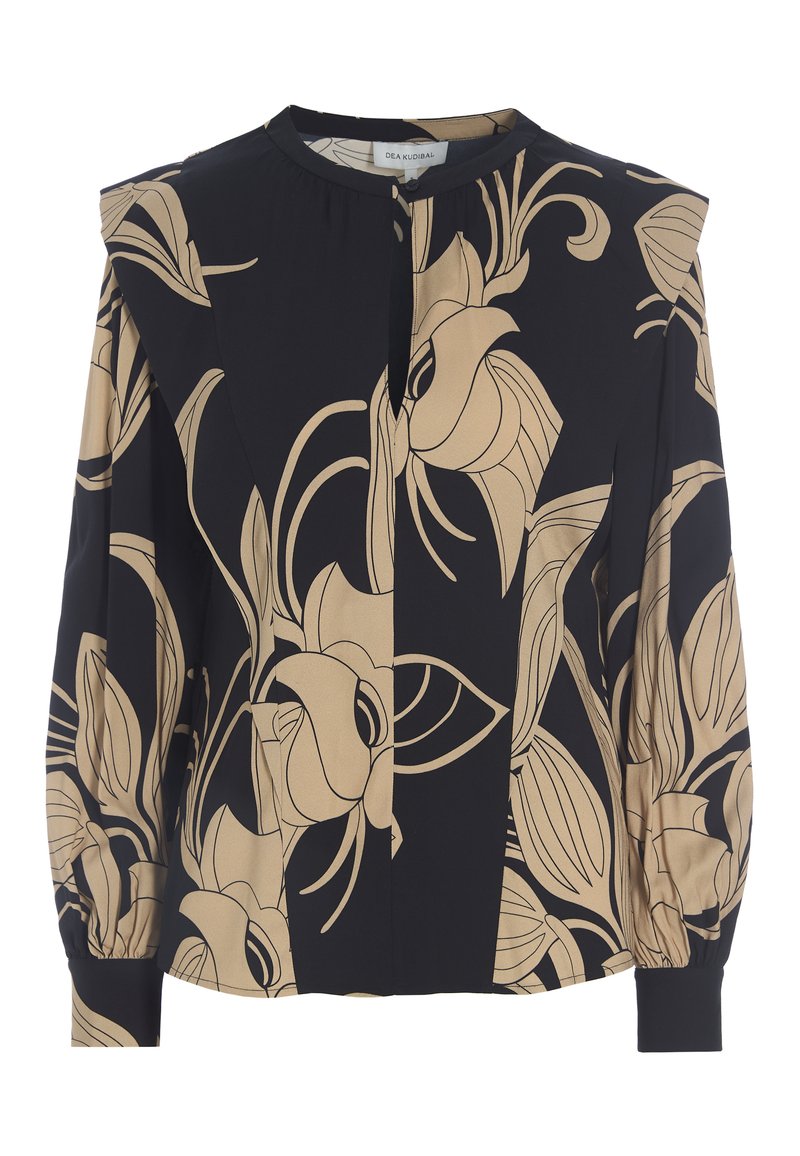 Långärmad blus med hög krage, i marinblått med beige blommönster. Tillverkad av ett lätt tyg med en avslappnad passform.