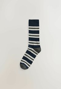 Marineblaue Socken mit grauen und weißen horizontalen Streifen. Aus Baumwolle, mit geripptem Bündchen und verstärktem Zehenbereich in einem dunkleren Marineblau.