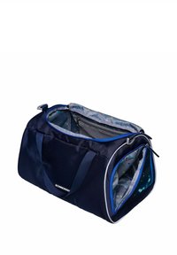 Bolsa de lona azul marino hecha de tela duradera, con interior gris claro con patrones coloridos, doble asa y apertura con cremallera.