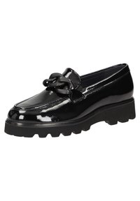 Black patent leather loafer with a chunky rubber sole, featuring a decorative chain accent on the front and a rounded toe design.