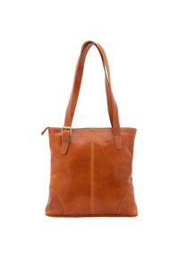 Bruine leren totebag met een gladde textuur, rechte vorm en twee schouderbanden. Voorzien van zichtbare stiksels en een rits aan de voorkant.