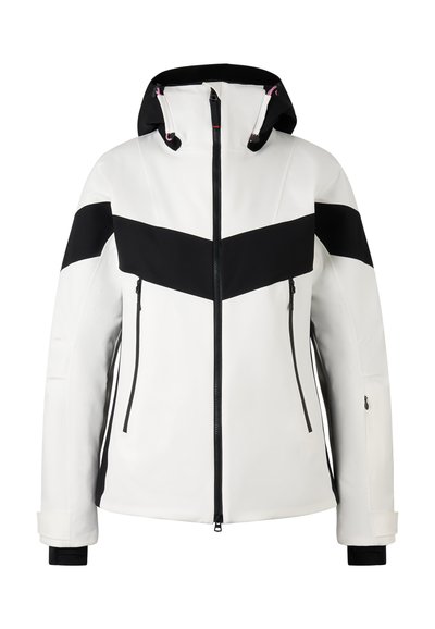 Hvid skijakke med et sort chevron-design, to frontlommer med lynlås og en aftagelig hætte. Stoffet ser glat og holdbart ud.