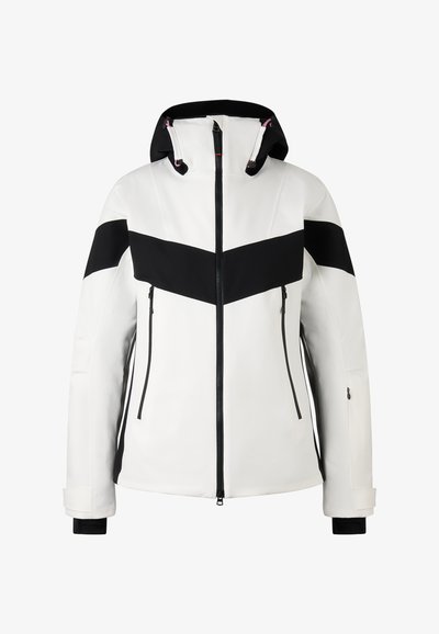 Weisse Skijacke mit einem schwarzen Chevron-Design, zwei Vorderzippertaschen und einer abnehmbaren Kapuze. Der Stoff wirkt glatt und langlebig.