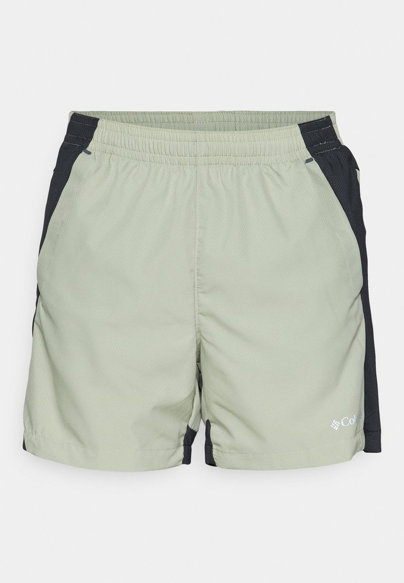 Pantalones cortos deportivos de color verde claro con paneles laterales negros, cintura elástica y una tela texturizada. Presenta un logo en la parte inferior derecha de la pierna.