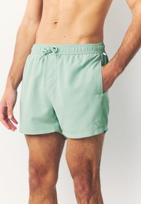 Shorts de bain vert menthe en tissu léger, avec une ceinture élastique à cordon de serrage et une poche latérale. Détail logo palmier.