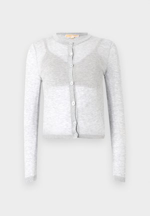 Grå langermet cardigan med rund hals, med knappelukking og ribbestrikket kant. Laget av myk, strukturert stoff.