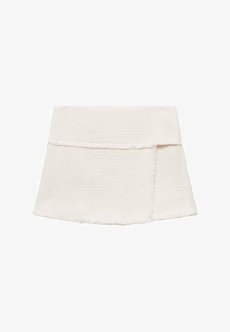 White mini skirt in textured fabric with a raw hem. Features a folded top section and an asymmetrical design.