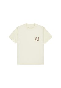 Cream-colored cotton T-shirt with a crew neck, short sleeves, and a chest pocket featuring a red horseshoe graphic detail.
