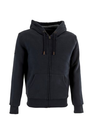 Marineblauwe rits-hoodie gemaakt van zacht materiaal, met een gevoerde capuchon, voorzakken en verstelbare koorden met metalen tips.
