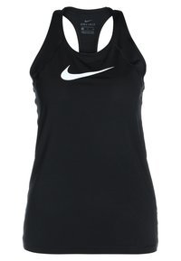 Schwarzes Nike Dri-FIT Tanktop mit Racerback-Design, atmungsaktivem Stoff und weißem Logo. Glatte Textur mit subtilen Perforationsakzenten.