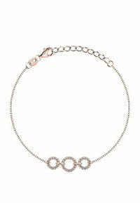 Bracciale in oro rosa con tre accenti circolari adornati da cristalli trasparenti, collegati da una delicata catena con chiusura a moschettone.