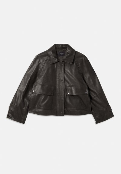 Black leather jacket with a collared neckline, front button closure, two large front pockets, and a cropped silhouette. Smooth texture.