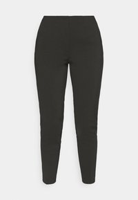 Černé kalhoty na míru s úzkým střihem. Hladká tkanina, vysoký pas, zúžené nohavice a bez viditelných kapes či ozdob.