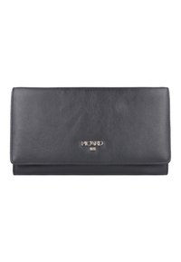 Portefeuille en cuir noir avec une texture lisse, logo en métal doré, et une forme rectangulaire avec un rabat de fermeture.