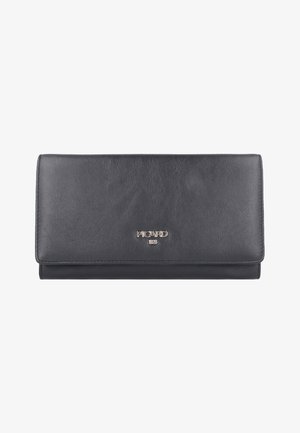 Black leather wallet with a smooth texture, gold hardware logo, and a rectangular shape featuring a flap closure.