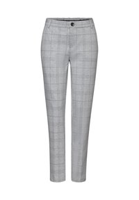 Grijze geruite broek met een fitted ontwerp, zachte stof, knoopsluiting en riemlussen. Het patroon bestaat uit lichtgrijze en donkergrijze lijnen.