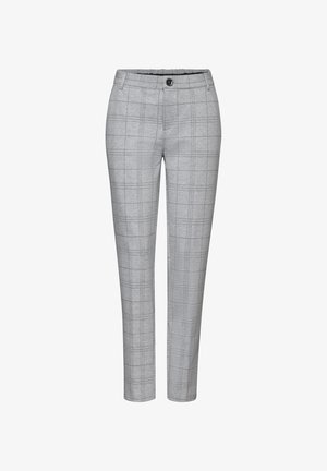 Graue Karo-Hosen mit einer taillierten Passform, glattem Stoff, Knopfverschluss und Gürtelschlaufen. Das Muster besteht aus hellen und dunklen grauen Linien.