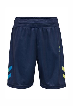 Pantalones cortos deportivos azul marino con cintura elástica, con franjas diagonales azules y amarillas cerca de la parte inferior en cada lado.