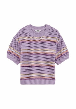 Maglione lilla a maniche corte in maglia con motivo a rete aperta e strisce orizzontali in bianco, arancione, viola e giallo.