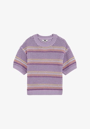 Maglione lilla a maniche corte in maglia con motivo a rete aperta e strisce orizzontali in bianco, arancione, viola e giallo.