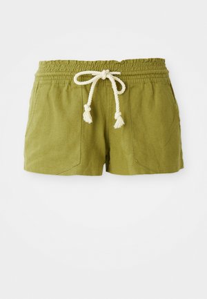 Zelena kratka hlače iz mešanice lanu z elastičnim pasom, vezanjem na vrvico in dvema sprednjima žepoma. Kratka, sproščena prileganje z teksturiranim materialom.