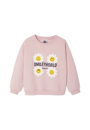 Rosa Sweatshirt mit Rundhalsausschnitt, verziert mit weißen Gänseblümchen und gelben Smiley-Gesichtern. Der Text "SMILEYWORLD happiness" ist in dunkelgrauer Farbe aufgedruckt.