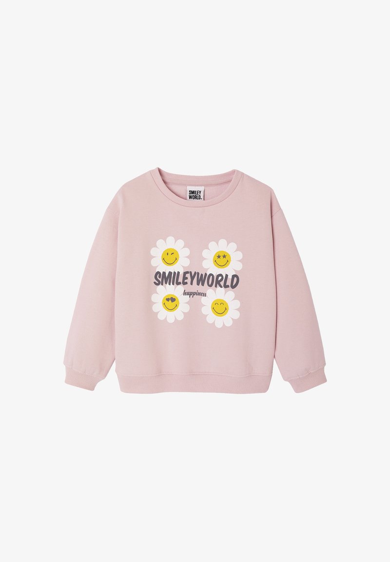Pink sweatshirt with a crew neckline, featuring white daisies and yellow smiley faces. The text "SMILEYWORLD happiness" is printed in dark gray.